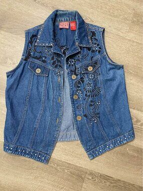Red Ranch Sleeveless Denim Jacket Size Large | Studded Rhinestone Embroidered